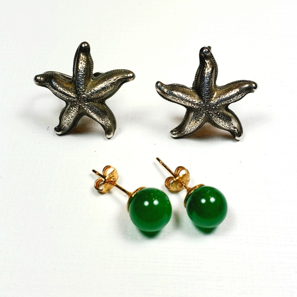2 Pair of Vintage earrings Sterling Starfish Beau / jade studs gold filled
